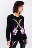 Blusa Manga Longa Bordada Guitarras - Preto
