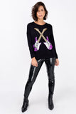Blusa Manga Longa Bordada Guitarras - Preto